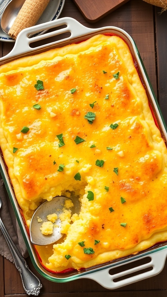 A golden Jiffy corn casserole in a baking dish, garnished with parsley, on a rustic table.